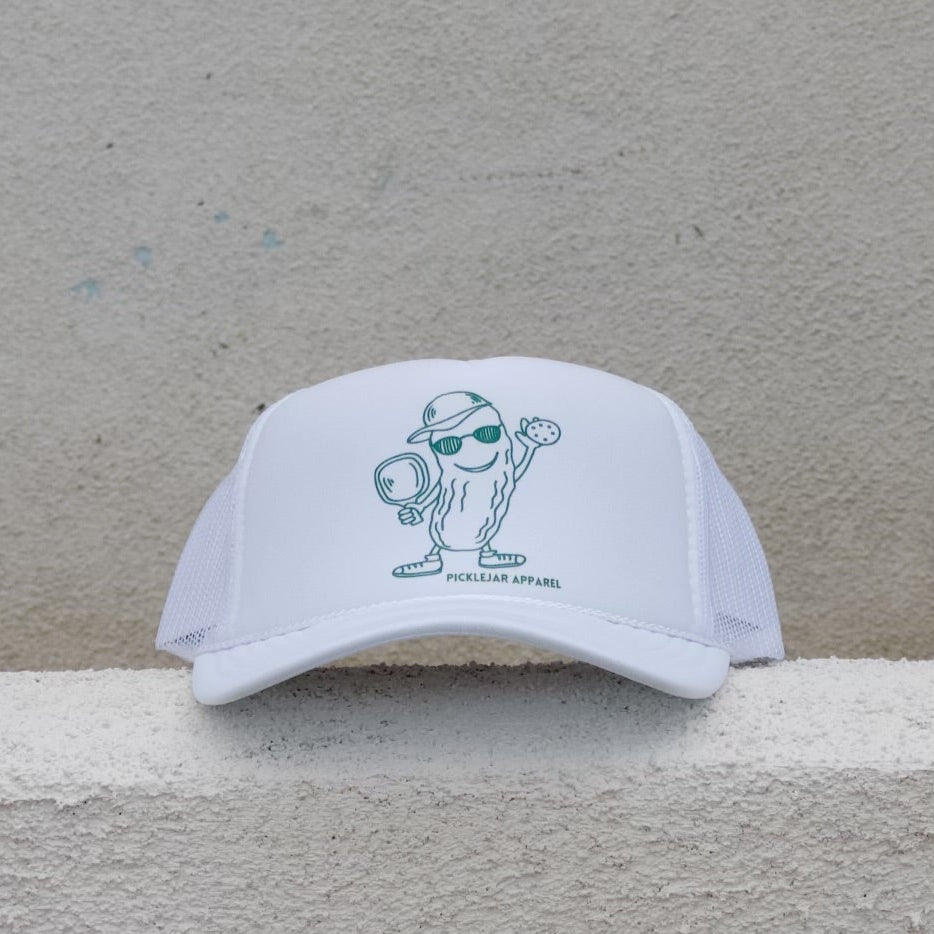 Mr. Pickle Pickleball Hat: White Foam Trucker Hat